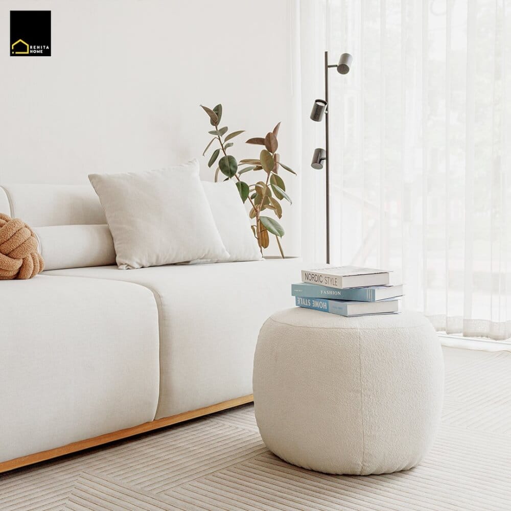 สตูลขนแกะเทียมทรงกลม RENITA HOME รุ่น RUSSELL STOOL สีขาว 52x40ซม._1